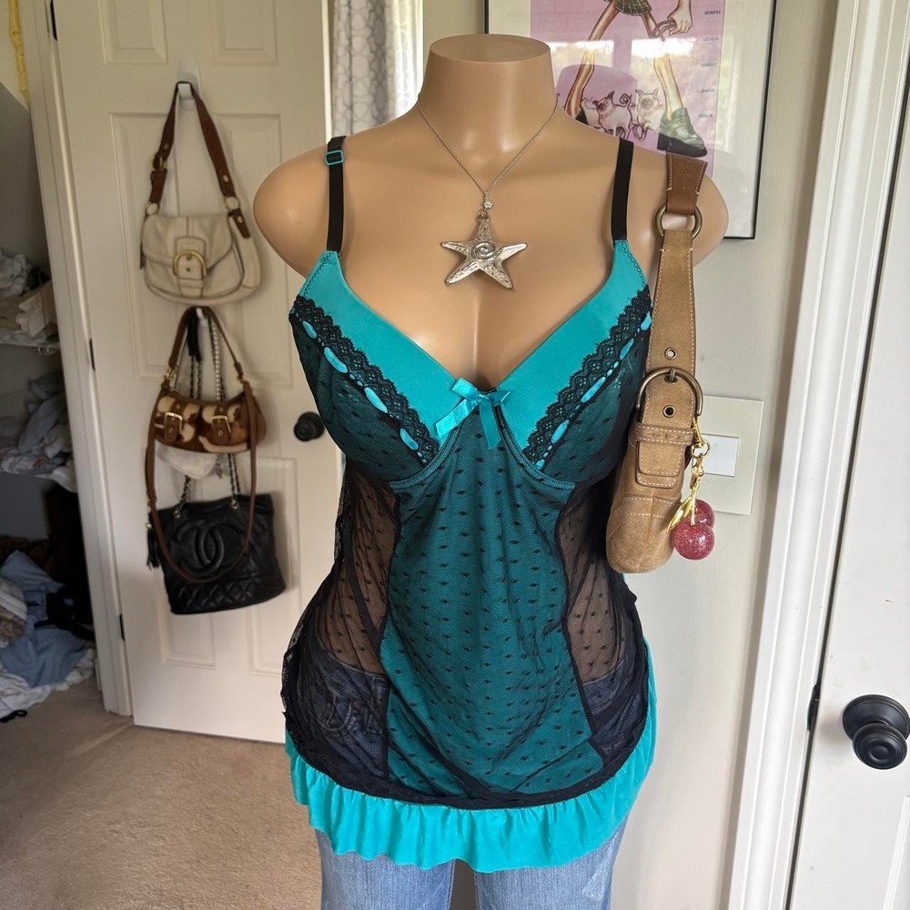 Y2K 2000s bimbo Turquoise Black Lace Mesh Babydoll Cami Top